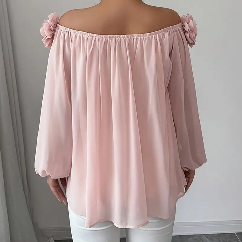Women's 3D Floral Off Shoulder Blouse, Elegant Long Sleeve Ruffle Sheer Shirt For Party, Evening Dressy Top