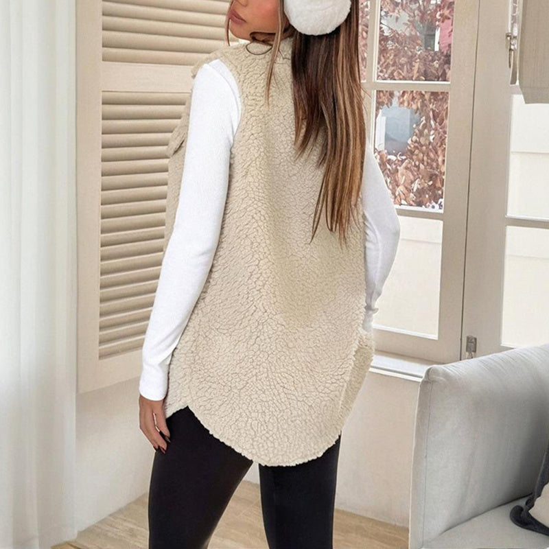 Women's Wool-Like Sleeveless Vest With Lapel, Solid Color Mid-Length Button Up Waistcoat For Layering, Casual & Formal Outfits